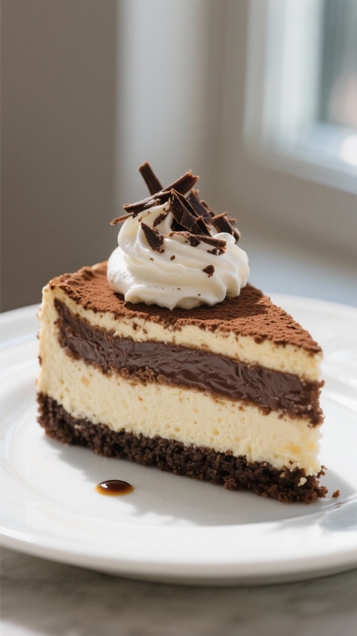 Tiramisu Cheesecake Recipe That Breaks the Internet: Creamy, Boozy, and Unreasonably Good 1 Close-up detail shot: A sliced piece of Tiramisu Cheesecake revealing distinct layers—glossy choco