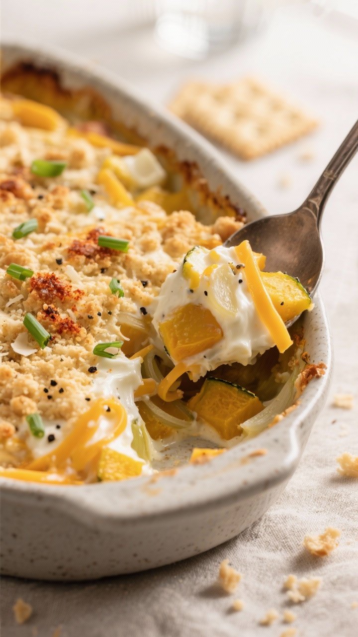 Close-up detail shot: A spoon breaking into a baked squash casserole with sour cream, revealing the 
