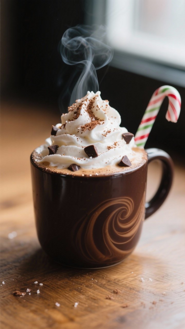 Starbucks Christmas Drinks Recipes: Make-At-Home Festive Sips That Taste Like Holiday Magic 1 Close-up detail shot: A steaming Peppermint Mocha mid-finish, rich glossy chocolate base swirled wit