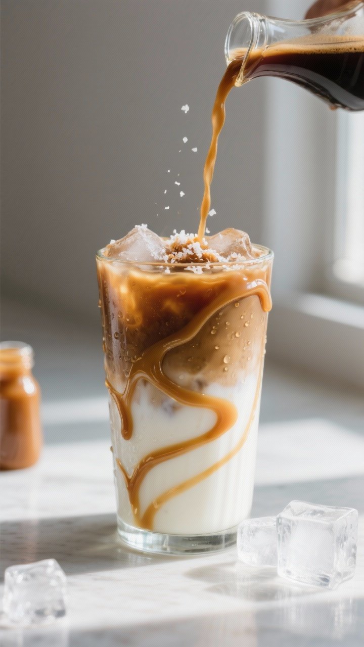 Homemade Iced Caramel Macchiato That Tastes Like a $7 Coffee... Without the $7 1 Close-up detail shot: A tall glass iced caramel macchiato mid-pour as chilled espresso streams over