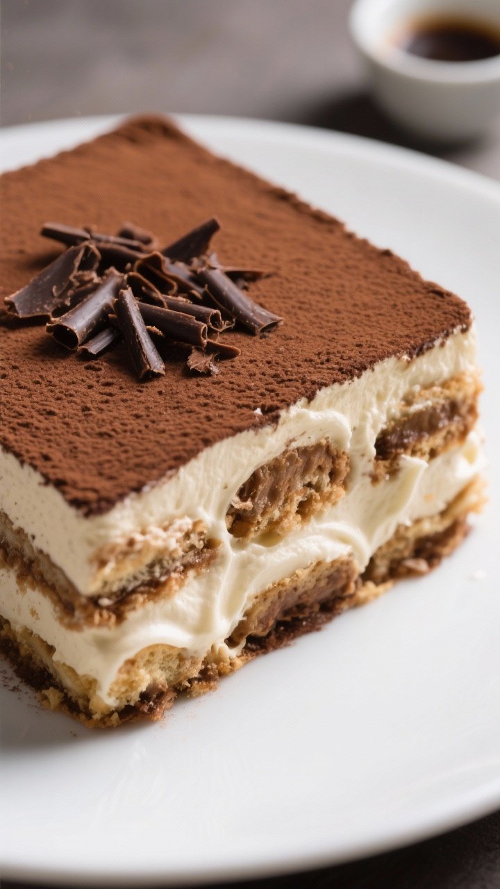 Classic Italian Tiramisu Recipe That Wins Hearts in 10 Minutes (and Disappears in 5) 1 Close-up detail shot: A tight macro of the top layer of finished tiramisu just after chilling, showi