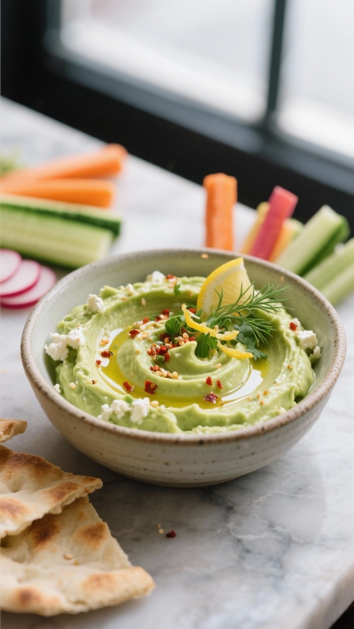 This Avocado Feta Dip Will Ruin You for All Other Party Snacks 1 Close-up detail shot: A velvety avocado feta dip just swirled into a shallow ceramic bowl, glossy fr