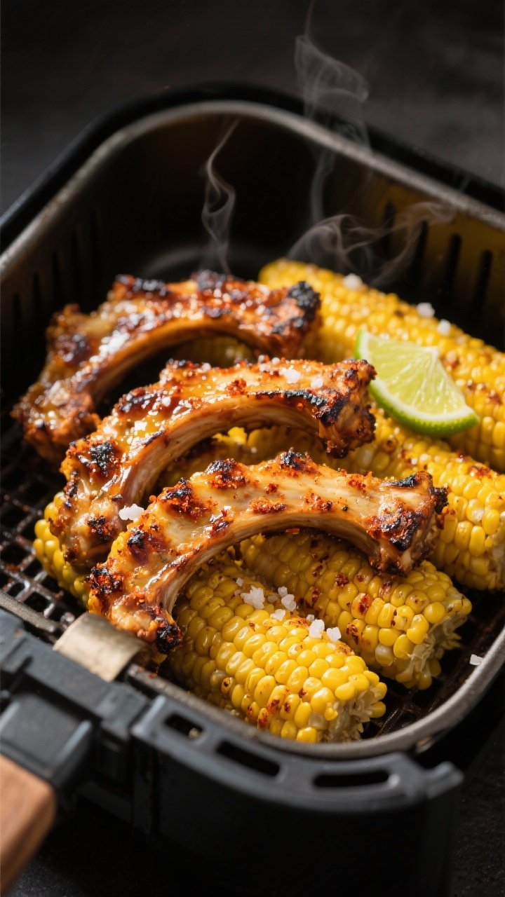 Close-up detail shot: Curled air-fried corn ribs just out of the basket at 400°F, charred, carameli