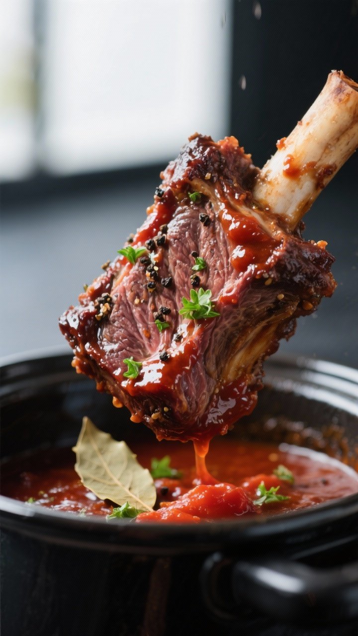 Braised Beef Short Ribs Crockpot: The “Set-It-and-Flex” Dinner That Tastes Like You Hired a Chef 1 Close-up detail shot: Fall-off-the-bone braised beef short rib just lifted from the crockpot, gliste
