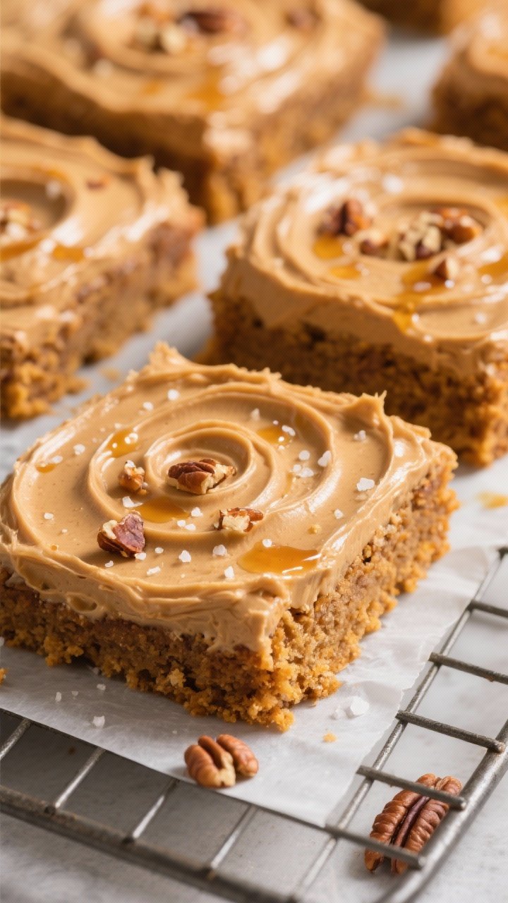 Close-up detail shot: freshly frosted pumpkin bars on a cooling rack, showing plush, tender crumb wi