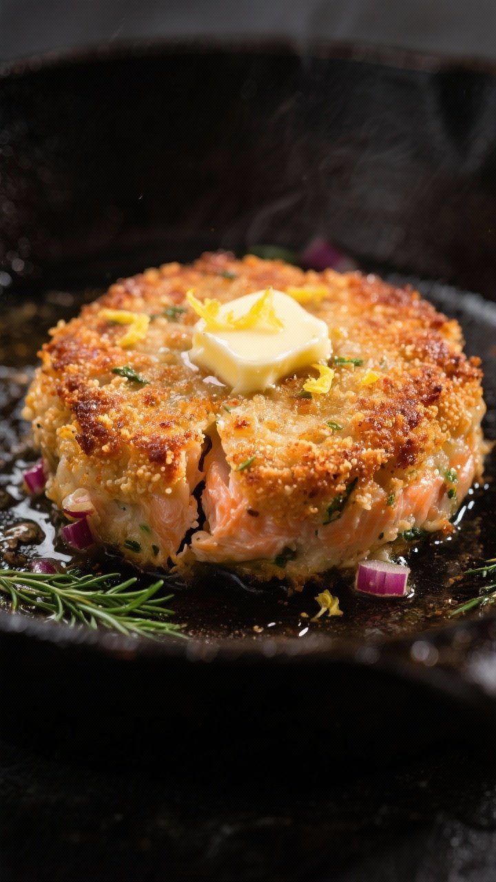 Close-up detail shot: Golden-brown salmon cakes sizzling in a cast-iron skillet mid-cook, crisp pank