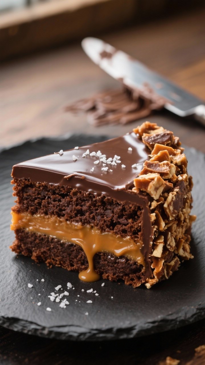 This Chocolate Caramel Toffee Crunch Cake Will Ruin All Other Desserts 1 Close-up detail shot of a sliced chocolate caramel toffee crunch cake showing the “texture trilogy