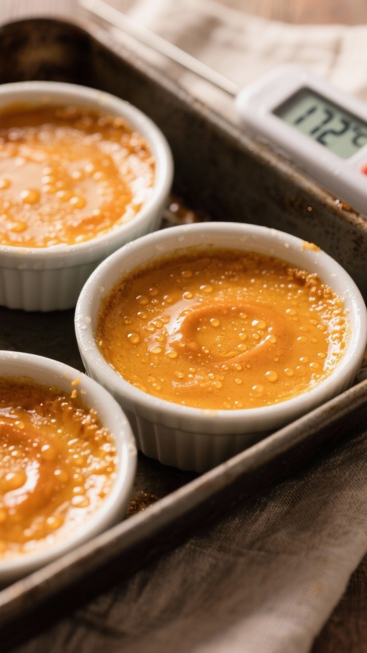 Creamy Pumpkin Custard Recipe That Converts: Silky, Cozy, and Shockingly Easy 1 Close-up detail shot of freshly baked pumpkin custards just out of the water bath, ramekins set in a