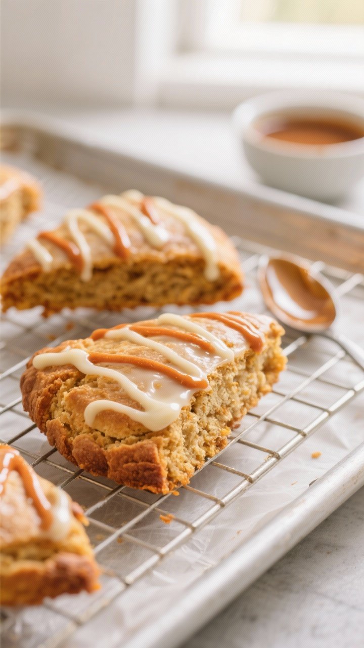 Starbucks Pumpkin Scones Copycat Recipe: The Cozy Treat You’ll Crave All Fall (Without the $6 Price Tag) 1 Close-up detail shot of freshly baked pumpkin scone wedges cooling on a wire rack, edges lightly gol