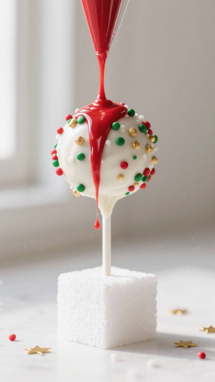 Christmas Red Velvet Cake Pops Recipe That Steal the Party: Bite-Sized Joy on a Stick 1 Close-up detail shot of freshly dipped Christmas red velvet cake pops drying upright in a white styr