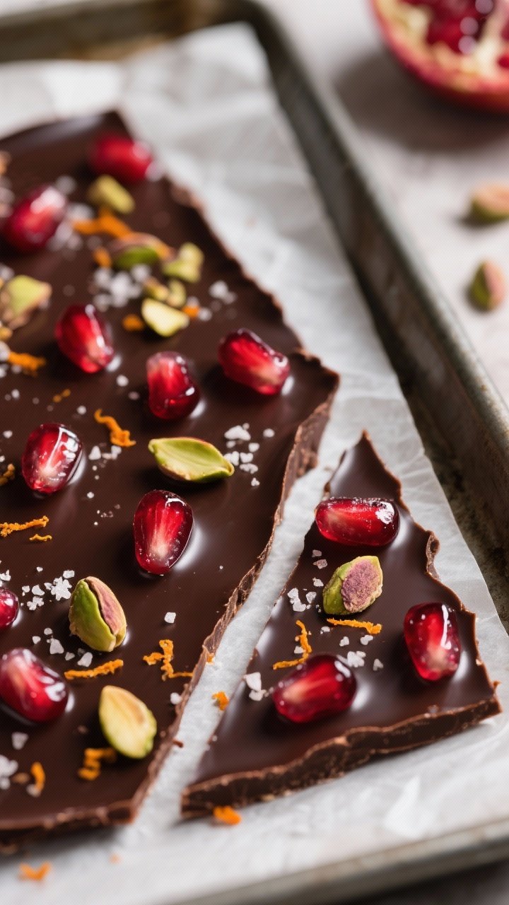 Dark Chocolate Pomegranate Bark That Looks Luxe, Tastes Decadent, and Takes 15 Minutes 1 Close-up detail shot of freshly set dark chocolate pomegranate bark being snapped into glossy shards