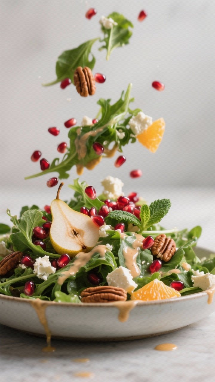 Christmas Salad with Pomegranate Seeds That Stole the Show: Crunchy, Jewel-Toned, and Gone in 10 Minutes 1 Close-up detail shot of the prepared Christmas salad mid-toss: glistening mixed baby greens lightly