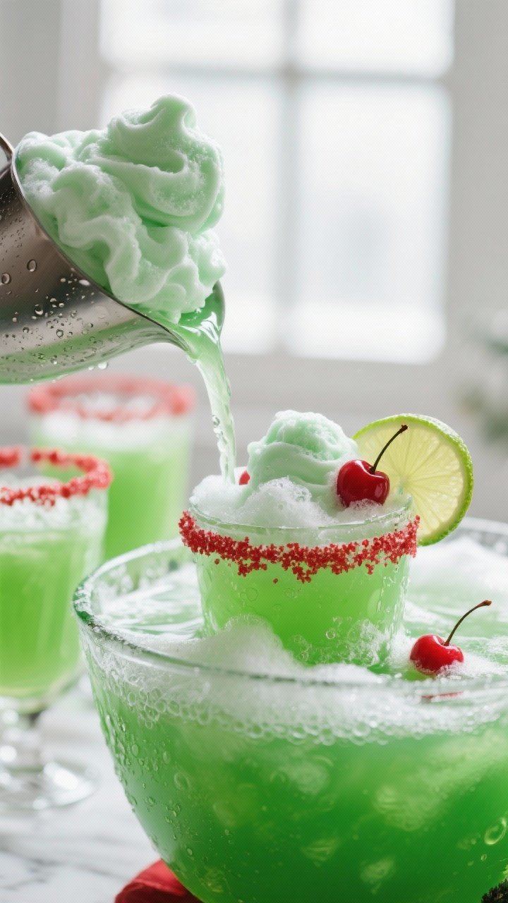 Grinch Punch Recipe for Kids: The Festive, Fizzy Green Drink They’ll Beg for All December 1 Close-up detail shot of the prepared Grinch Punch mid-serve: a frosty glass being ladled from a bubb
