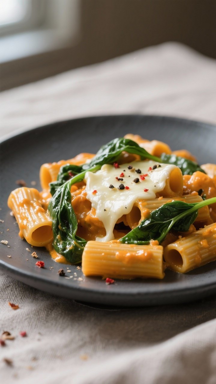 Close-up detail shot: Silky butternut squash sauce clinging to ridged rigatoni, with ribbons of wilt