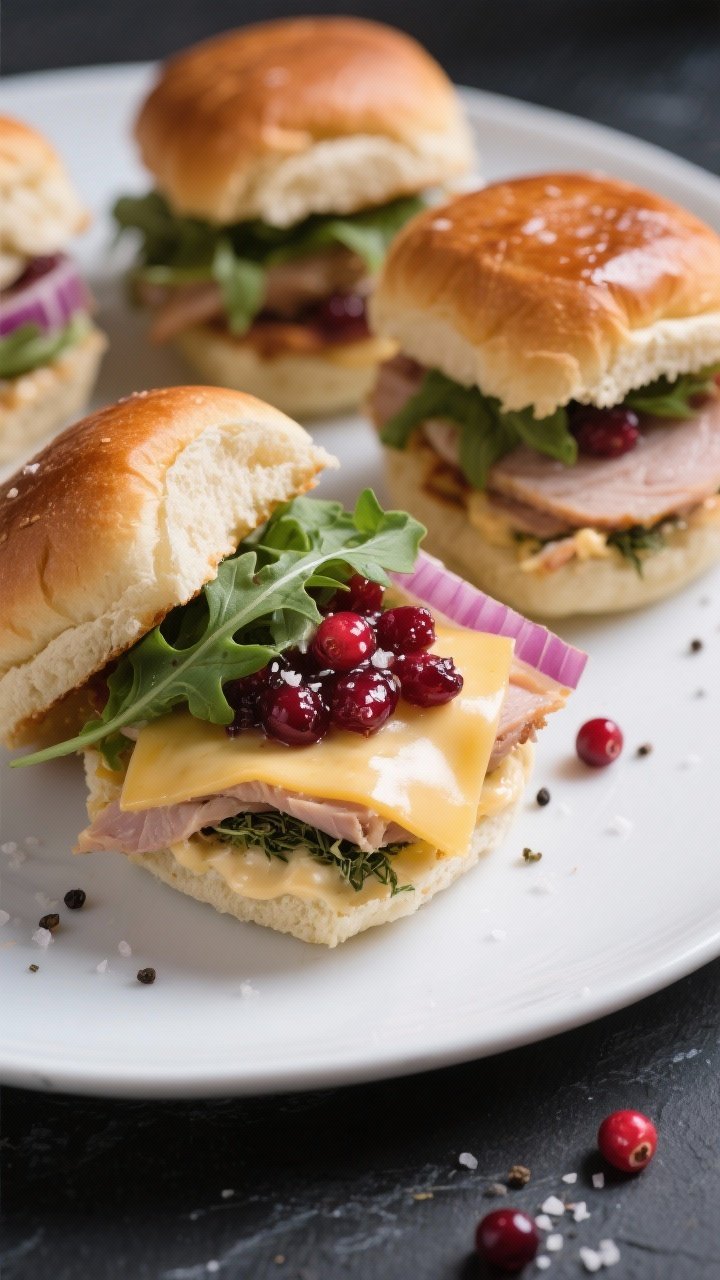 Close-up plated trio of Cranberry Turkey Sliders on a matte white plate, one slider slightly pulled 