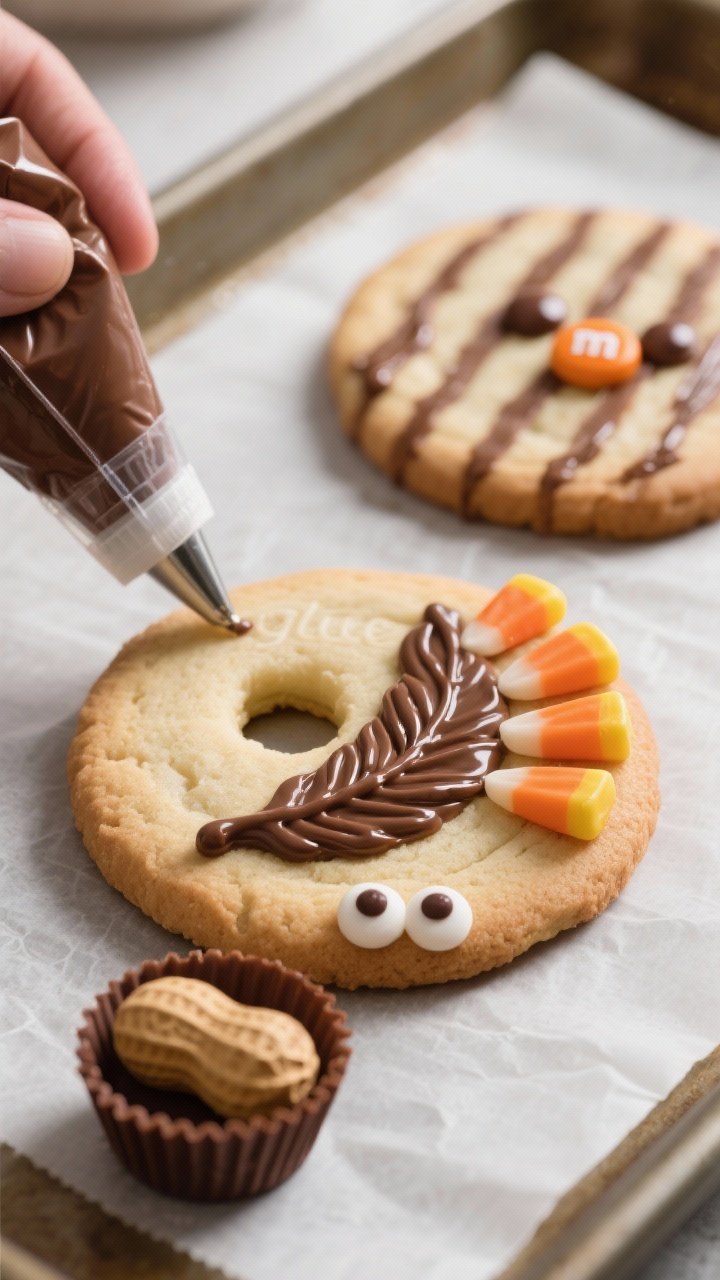 These “Turkey Cookies with Fudge Stripe Cookies” Will Crash Your Dessert Table 2 Close-up process detail of assembly on parchment-lined baking sheet: a Fudge Stripe cookie (hole vis
