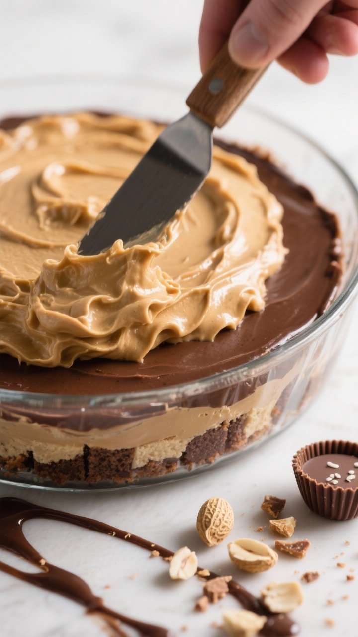 Close-up process detail of the peanut butter layer being smoothed into the bowl over the chocolate p
