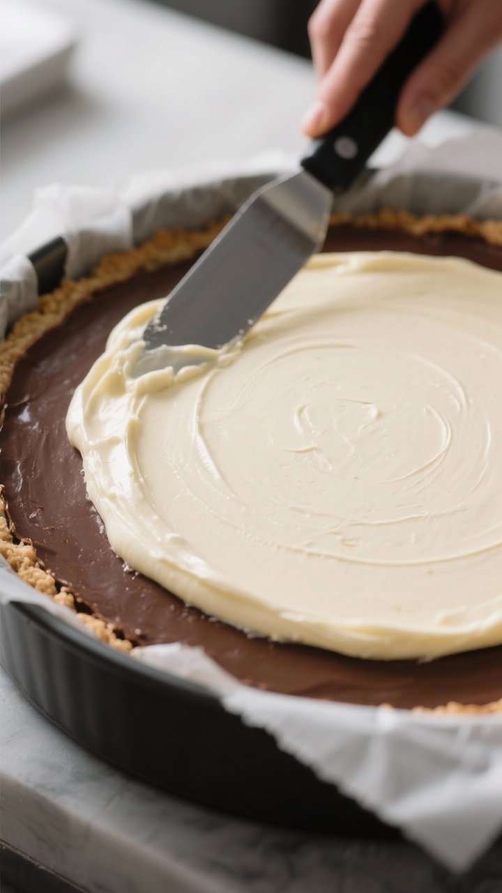 Close-up process detail of the vanilla cheesecake layer being gently spread over a set chocolate lay