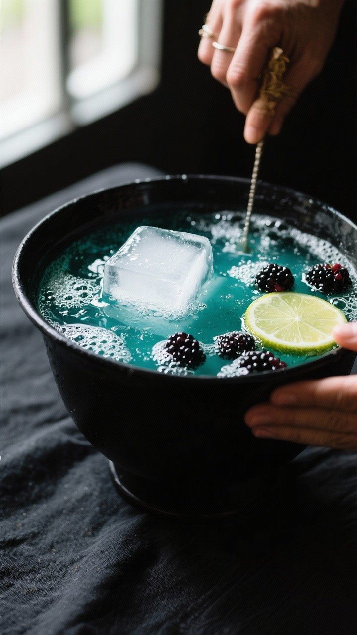 Witches Brew Cocktail Punch Recipes: The Spellbinding Party Potion You’ll Brag About All Year 2 Close-up process shot of the finished punch being gently stirred right before service, showing effer