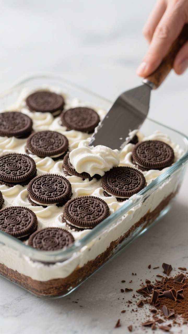 Close-up process shot: Oreo tiramisu assembly mid-layer in an 8x8 glass dish—tight grid of coffee-