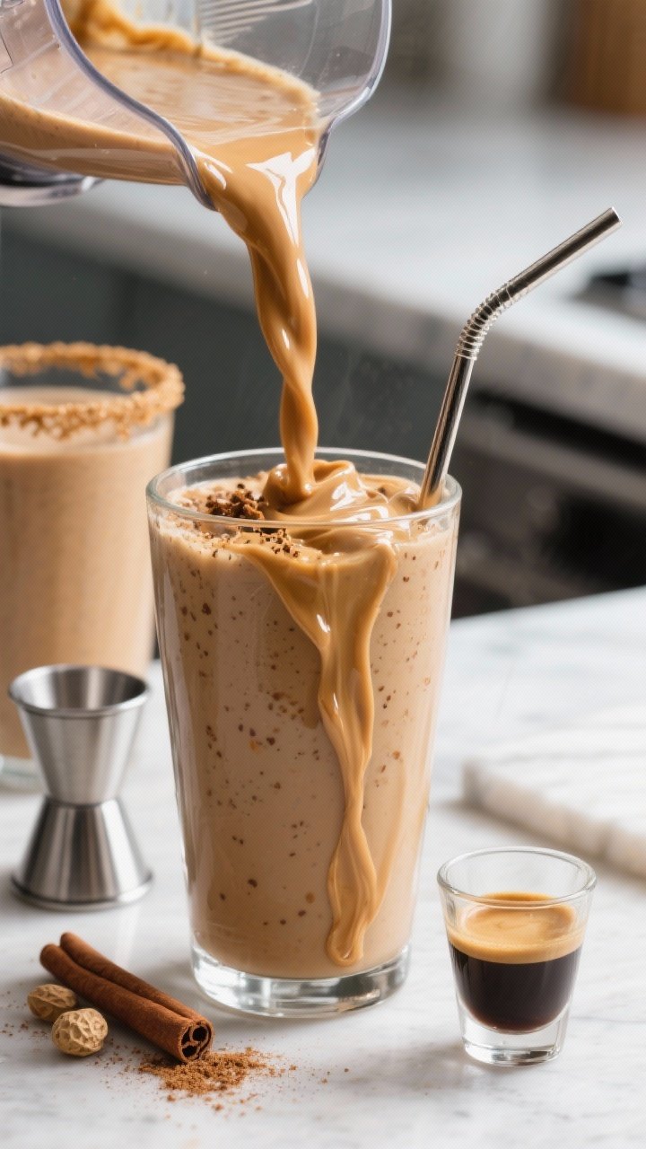 Peanut Butter Coffee Smoothie: The Bold, Creamy Breakfast Hack Your 7 A.M. Self Will High-Five 2 Close-up, : the smoothie mid-pour from a blender into a highball glass, showing glossy, creamy flow