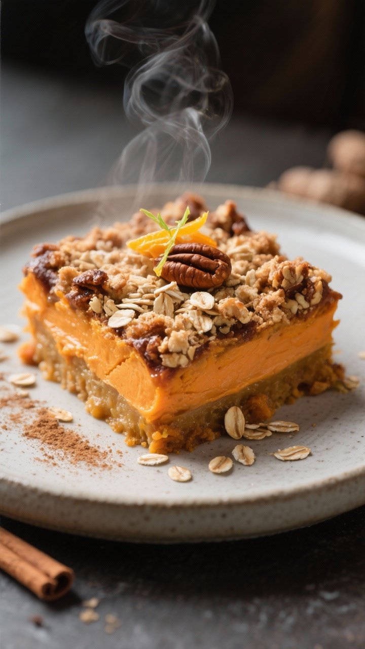 This Sweet Potato & Carrot Casserole with Maple Pecan Topping Will Upstage Your Main Course 2 Close-up, three-quarter angle detail of a plated serving of the casserole, showing the velvet-smooth