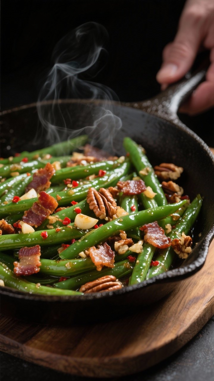 Close-up, three-quarter angle of Skillet Green Beans with Bacon & Pecans mid-finish in a cast-iron p