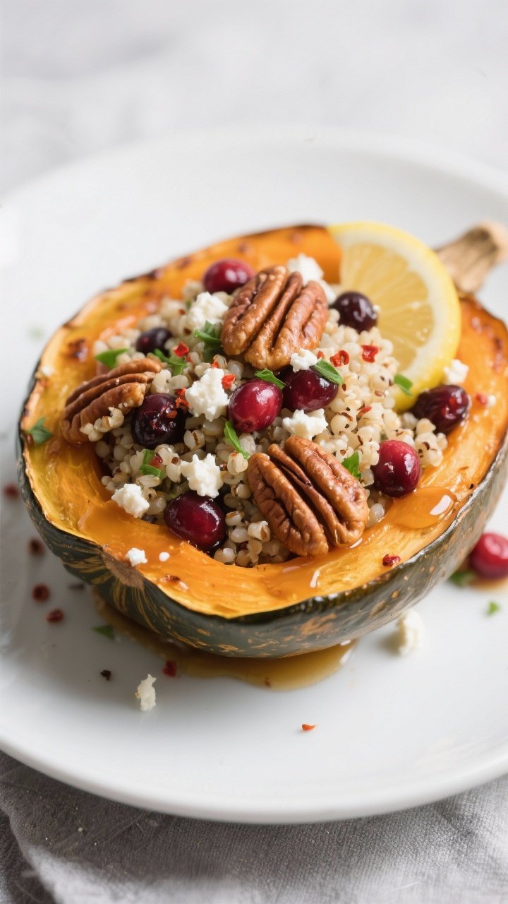 Quinoa & Cranberry Stuffed Acorn Squash That Slaps: Cozy, Sweet-Savory, and Weeknight-Easy 2 Close-up, three-quarter angle of the final plated Quinoa & Cranberry Stuffed Acorn Squash on a matte