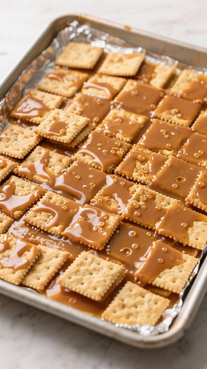 Christmas Cracker Toffee Recipe That Breaks the Internet (and Melts in Your Mouth) 1 Cooking process close-up: A rimmed 9x13-inch sheet pan lined with foil and parchment filled with tig