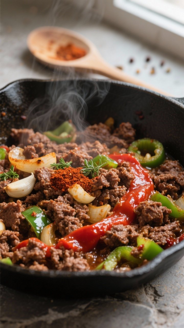 Cooking process close-up: A shallow-depth-of-field shot of browned ground beef, onions, and green be