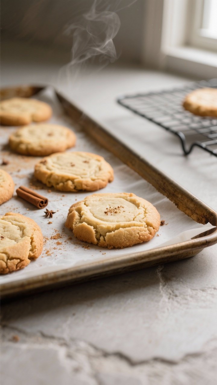 Cooking process close-up: A tray of freshly baked eggnog cookies just out of the oven, edges set wit