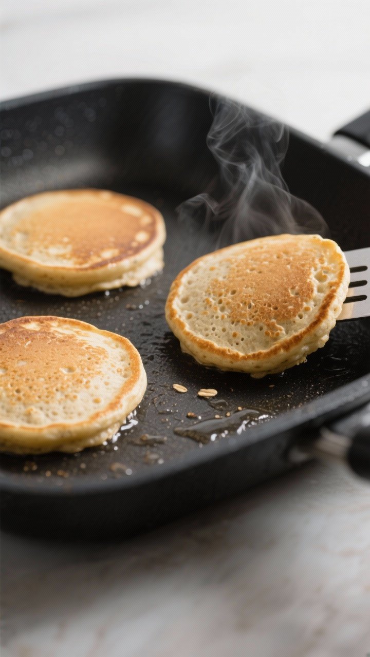 Protein Pancakes with Protein Powder: The Fluffy, Muscle-Building Stack You’ll Actually Crave 1 Cooking process close-up: A trio of protein pancakes mid-cook on a matte-black nonstick griddle, 1/4