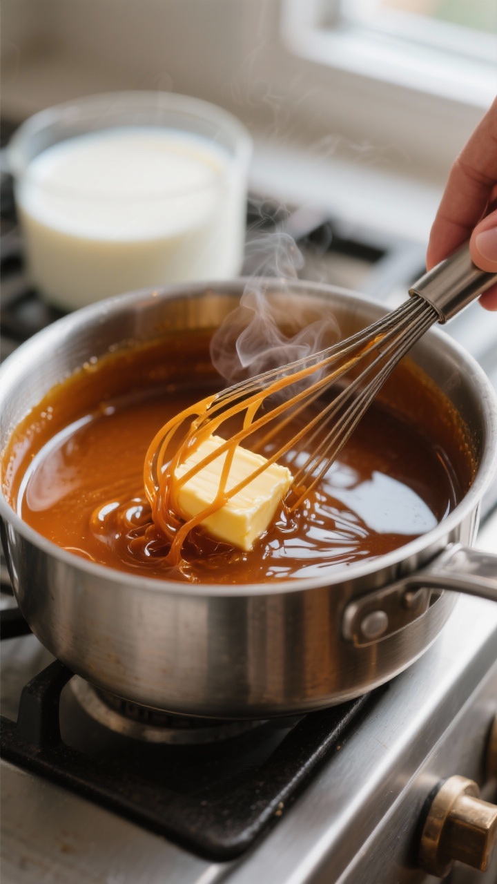 Make This Ridiculously Good Vanilla Caramel Coffee Creamer at Home 1 Cooking process close-up: Deep amber caramel in a medium stainless saucepan mid-simmer, glossy and s