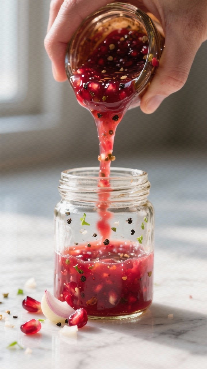 Cooking process, close-up detail: A glass jar mid-emulsion of pomegranate vinaigrette being shaken, 