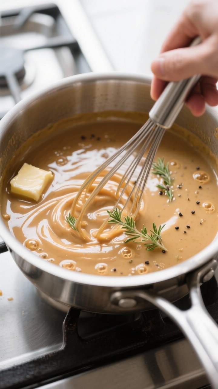 Cooking process, close-up detail: A tight, shallow-depth-of-field shot of silky turkey gravy thicken