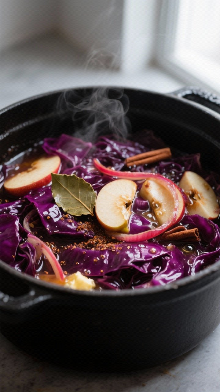 This Braised Red Cabbage and Apples Will Steal the Spotlight (And Your Dinner Guests’ Hearts) 1 Cooking process, close-up detail: Braised red cabbage and apples simmering in a matte black Dutch ov