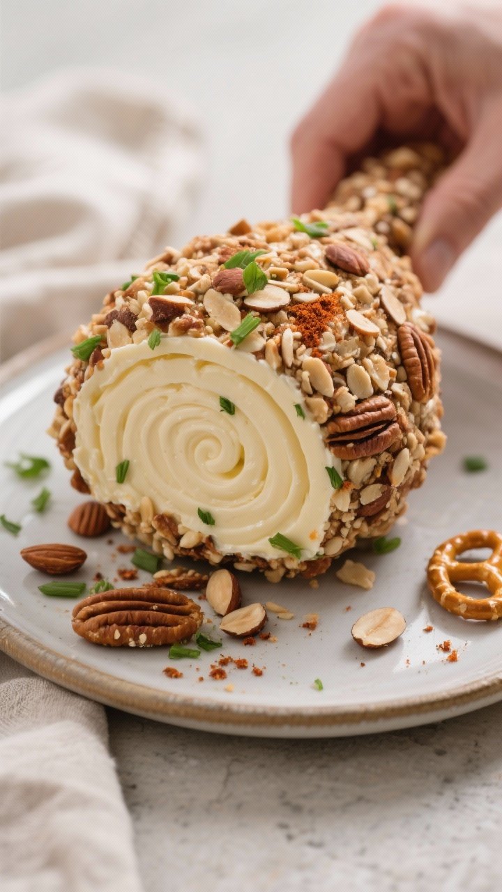 Cooking process, close-up detail: Close-up of a freshly chilled, oval turkey-shaped cheese ball bein