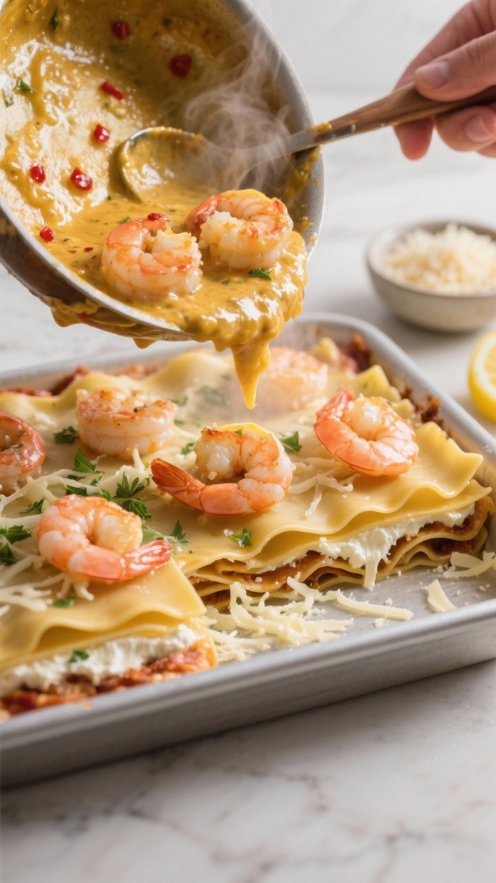 Garlic Butter Shrimp Scampi Lasagna: The Golden, Cheesy, Lemon-Laced Showstopper You Didn’t Know You Needed 1 Cooking process, close-up detail: Golden-bubbling shrimp scampi sauce being spooned over an assemble