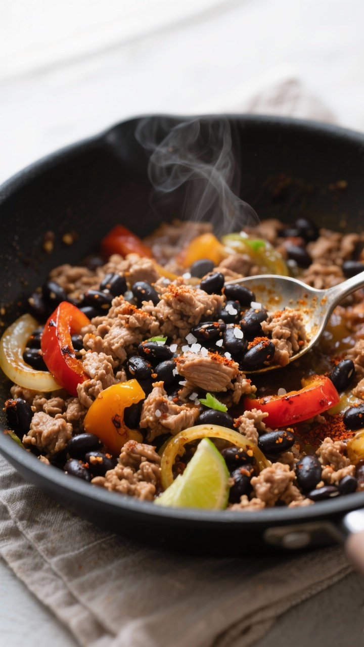 Cooking process, close-up detail: In a matte black nonstick skillet, browned lean ground turkey crum