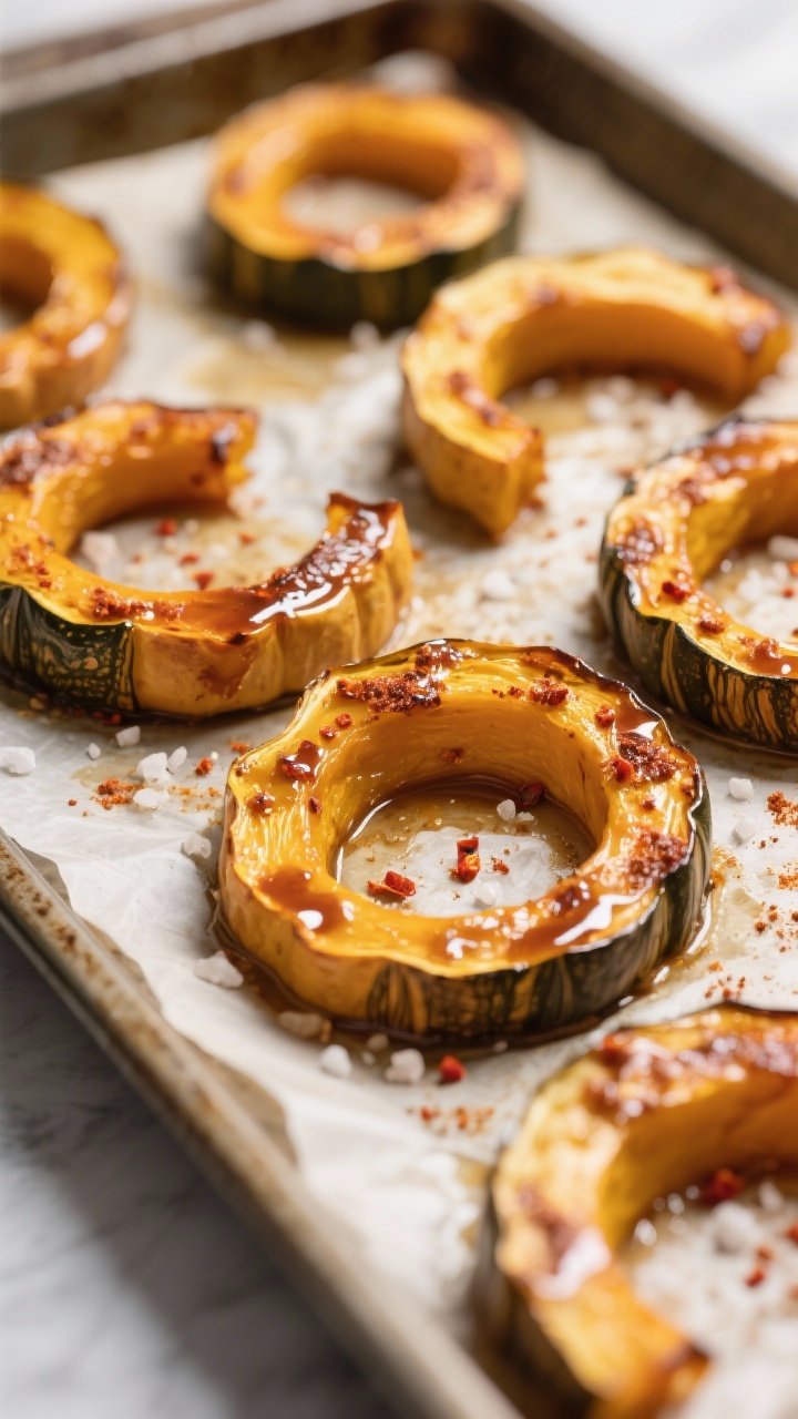 Maple-Roasted Delicata Squash Quinoa Salad That’ll Make You Forget You Ever Liked Boring Lunch 1 Cooking process, close-up detail: Maple-lacquered delicata squash rings roasting on a parchment-line