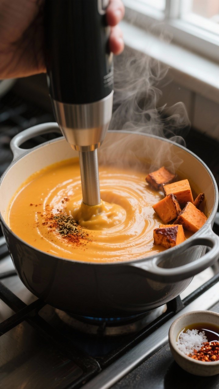 Cooking process, close-up detail: Silky butternut squash and sweet potato soup being blended directl