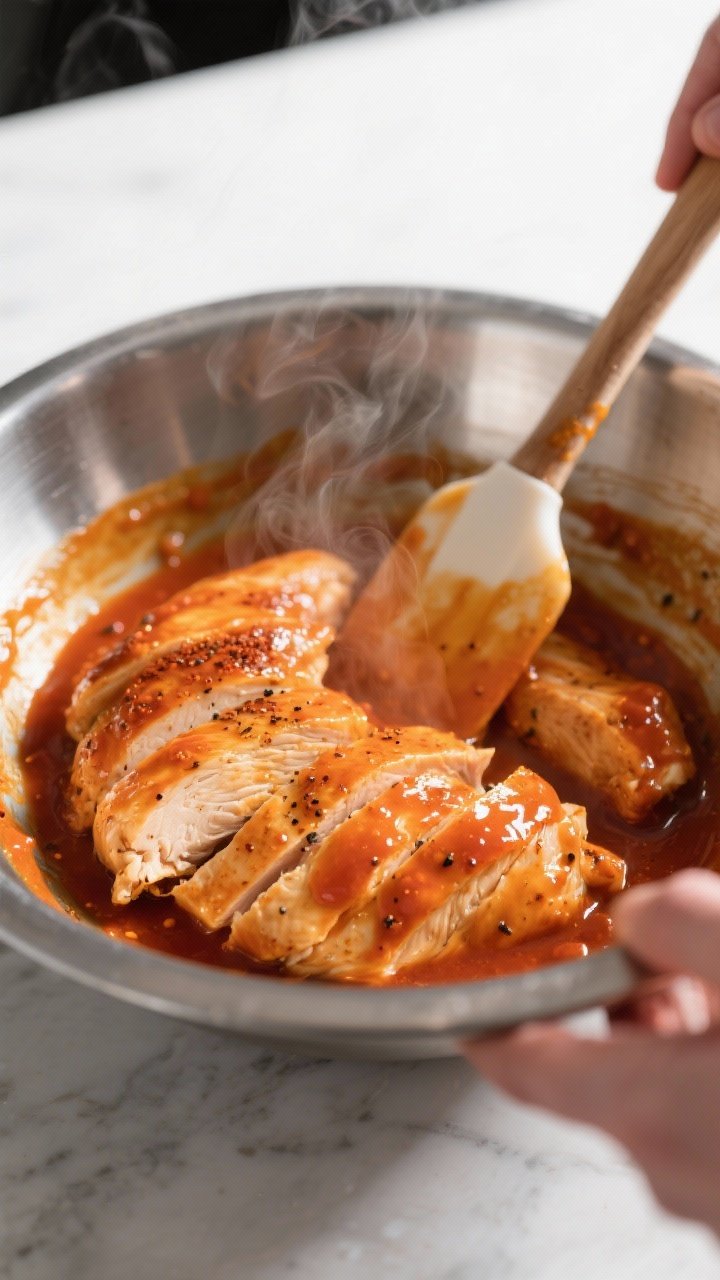 High Protein Buffalo Chicken Salad That Hits Like a Cheat Meal (But Isn’t) 1 Cooking process, close-up detail: Sliced, freshly seared chicken breast tossed in glossy orange-red