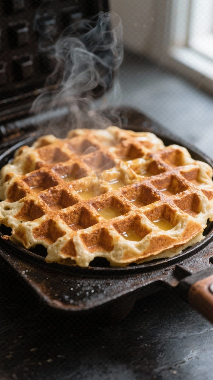 Cooking process, close-up detail: Sourdough discard waffle batter just beginning to set in a hot, ca