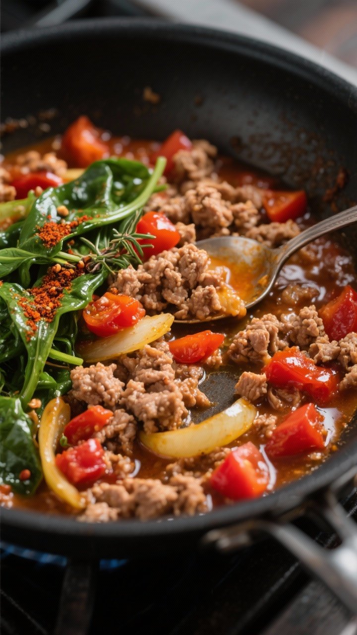Cooking process close-up: In a matte black skillet, browned ground turkey crumbles simmer with drain