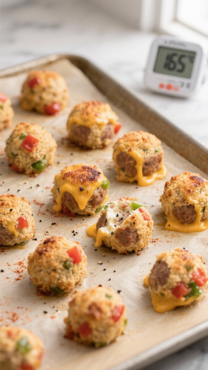 Cooking process close-up: Rotel cream cheese sausage balls on a parchment-lined baking sheet just pu