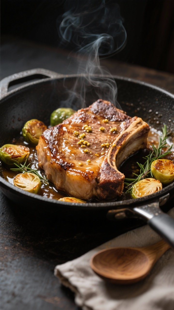 Easy Apple Cider Pork Chops with Brussels Sprouts: The 30-Minute Fall Dinner That Tastes Like a Weekend Flex 1 Cooking process close-up: Searing bone-in pork chops in a 12-inch skillet, golden crust with visible