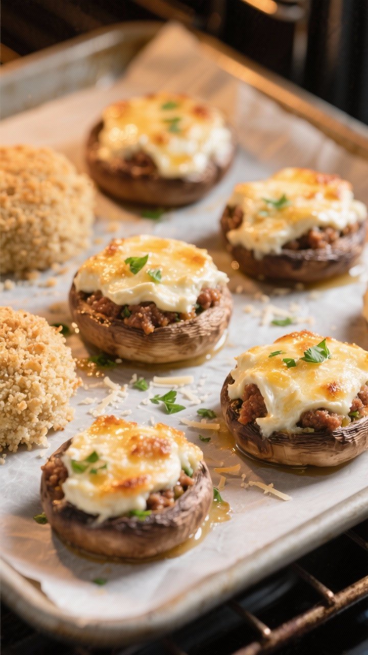 Cooking process close-up: Stuffed mushroom caps on a parchment-lined baking sheet in the oven just f