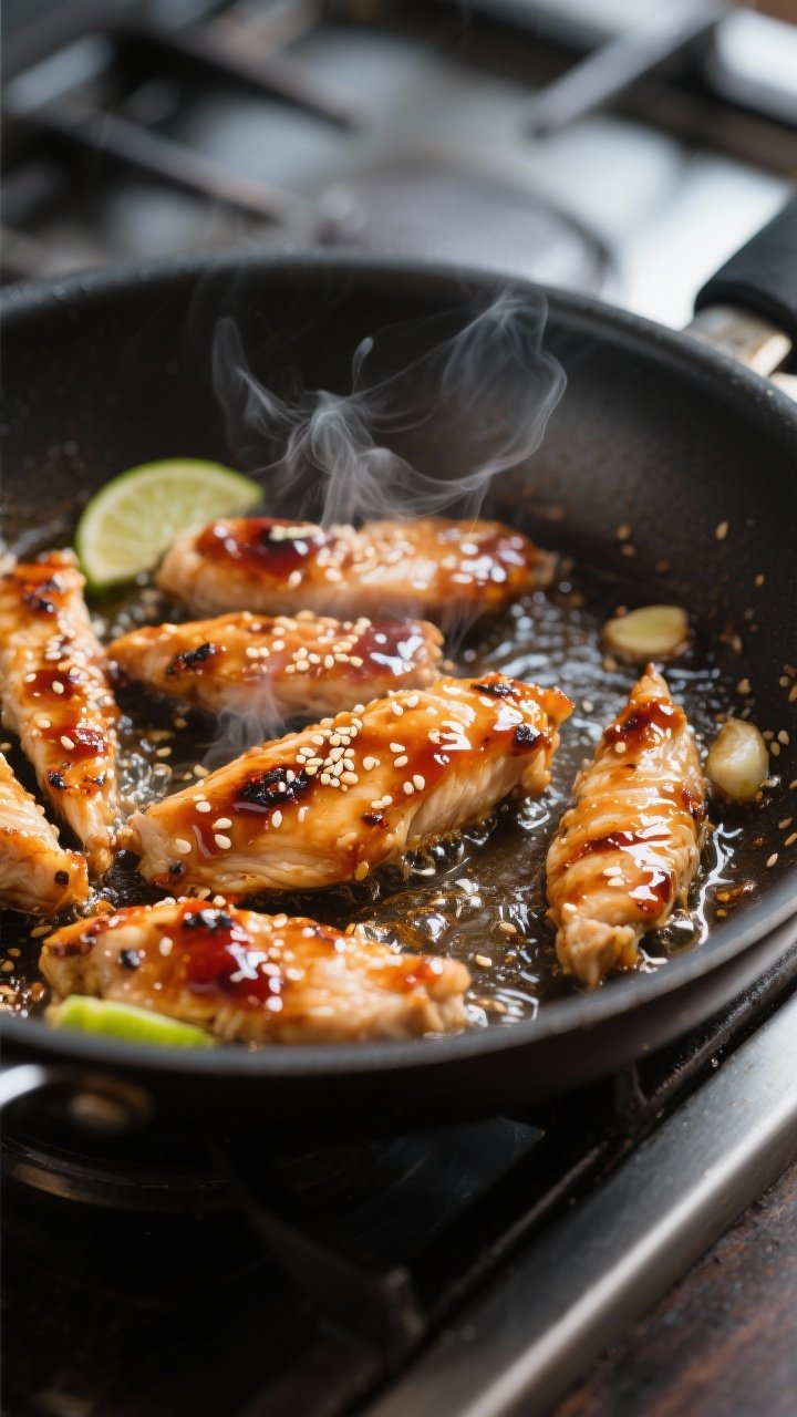 This Sweet Chilli Chicken Wrap Will Ruin Boring Lunches Forever 1 Cooking process close-up: Sweet chilli–glazed chicken strips sizzling in a hot skillet, edges cara