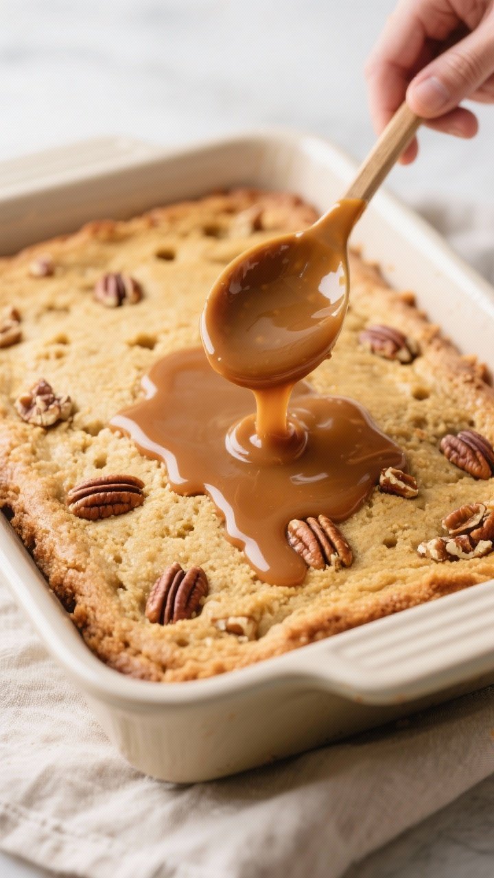 Butter Pecan Praline Poke Cake Recipe 1 Cooking process close-up: Warm praline sauce being spooned over a just-poked butter pecan cake in a