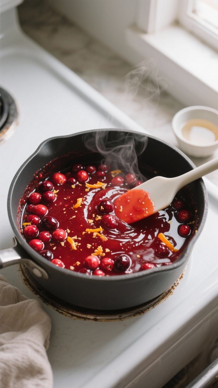 Cooking process, overhead: A simmering saucepan of glossy Orange-Ginger Cranberry Sauce mid-cook on 